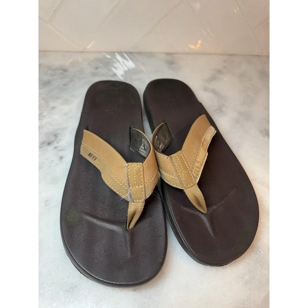 REEF Cushion Men's 12 Brown Leather Flip Flops Comfort Sandals